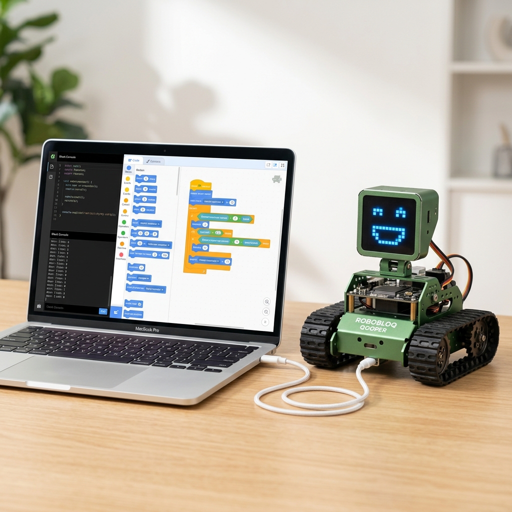Interfaz de programación visual intuitiva conectando bloques lógicos de forma sencilla