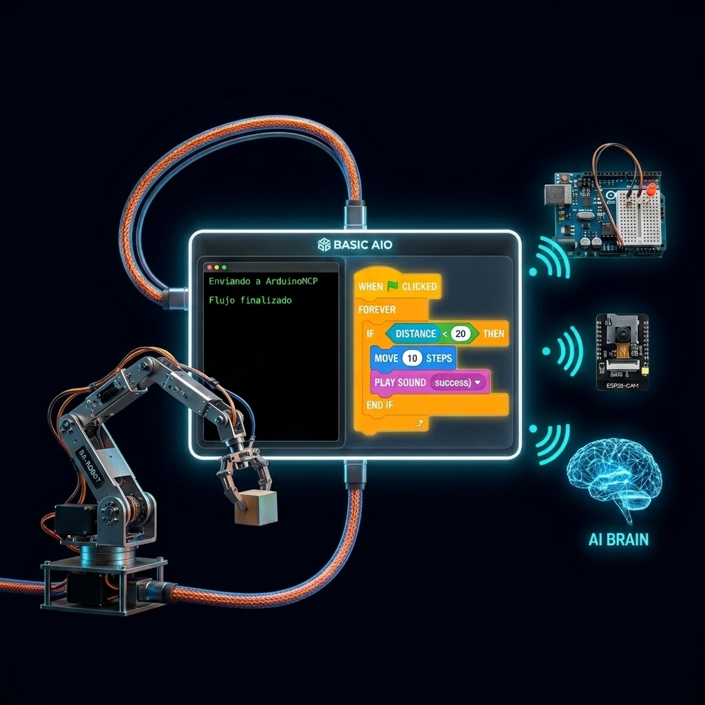 Basic AIO actuando como núcleo central: interfaz original conectada inalámbricamente a robótica, IA y electrónica